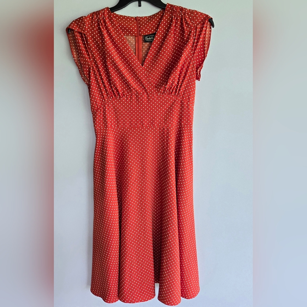 Voodoo Vixen M Orange Red Polka Dot Dress 50s Style Retro Dress
